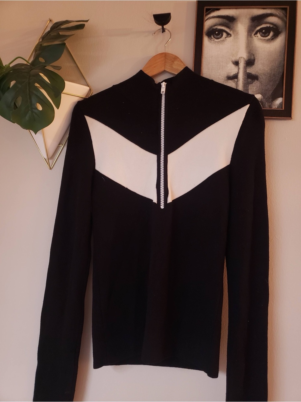 Turkish Cotton Knit Quarter Zip Sweater Black White Geometric Retro NWOT
